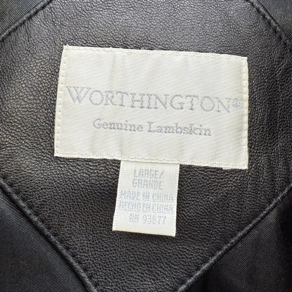 Worthington Leather Parka Women's L Black Lamb Skin Dyed Fox Fur Trim Hood EUC - Picture 8 of 14